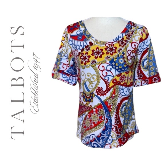 Talbots Red and Blue Paisley Tab Sleeve Top Cotton Stretch Sz S - Picture 9 of 13
